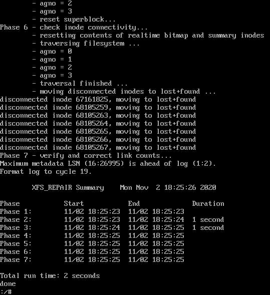 Reparar arranque Linux con error en filesystem XFS status 32 corruption metadata LSN