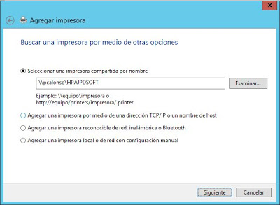 Instalar impresora compartida en equipo de red desde equipo con Windows Server 2012
