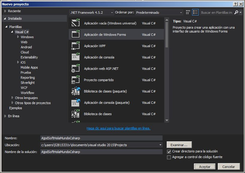 Primera aplicación Visual Studio .NET Community 2015 en C# C Sharp Hola Mundo