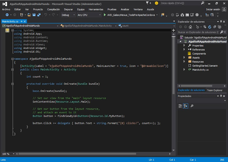 Crear primera App Android con Visual Studio .NET Community 2015, requiere de Xamarin de pago