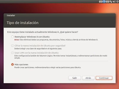 Particionado manual en instalación de Linux Ubuntu Desktop 13.04 dual con Windows 8