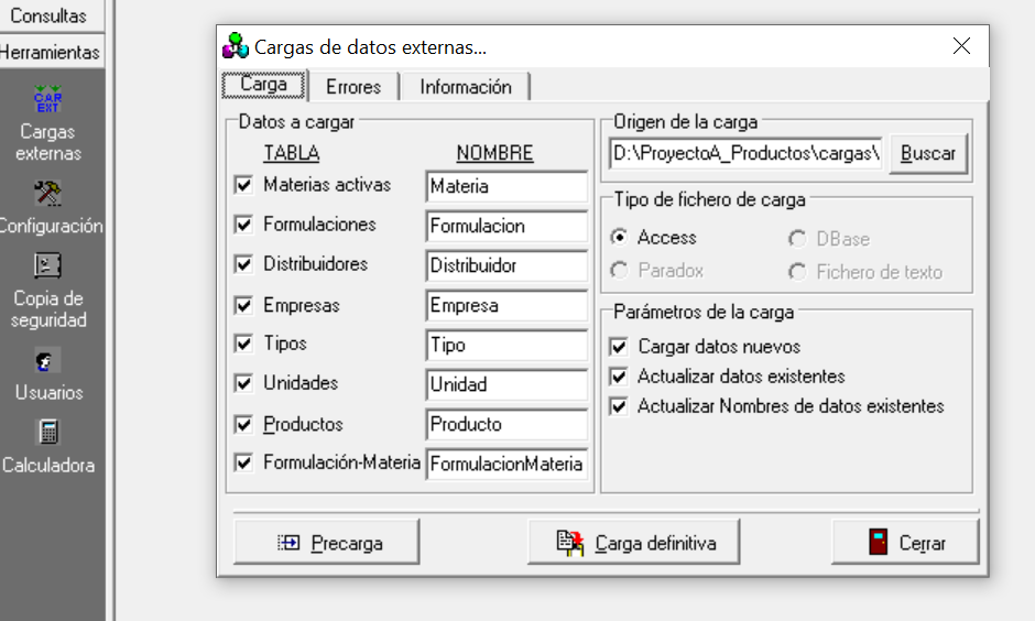 Carga externa de datos desde una base de datos Microsoft Access