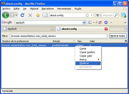 Cambiar opciones de configuración avanzadas de Mozilla Firefox - browser.sessionhistory.max_total_viewers