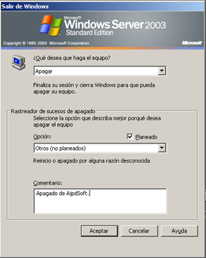 El Rastreador de sucesos de apagado de Windows Server 2003