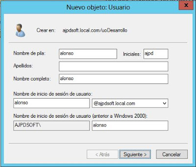 Añadir unidad organizativa y usuario en Active Directory en servidor con Windows Server 2012