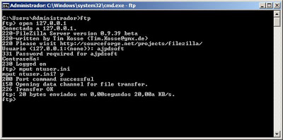 Prueba de acceso al servidor FTP con cliente FTP por comando de Windows Server 2008