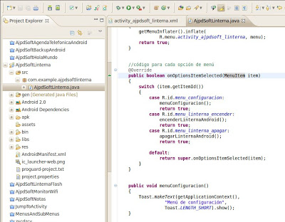 Añadir código Java para cada elemento de menú en aplicación Android