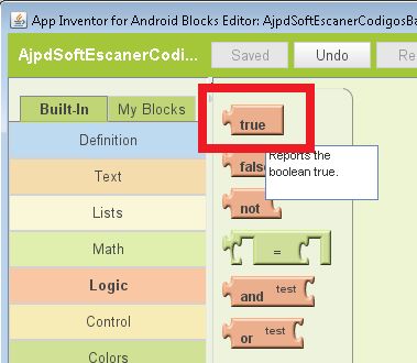 Editor de Bloques de la aplicación AjpdSoft Lector Códigos de Barras Android en Google App Inventor