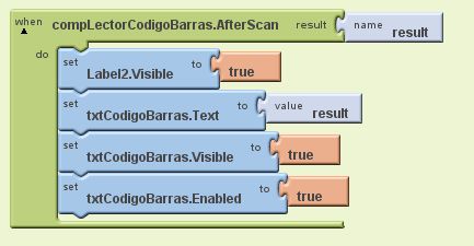 Editor de Bloques de la aplicación AjpdSoft Lector Códigos de Barras Android en Google App Inventor