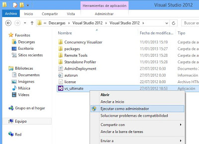 Instalar Microsoft Visual Studio .Net Ultimate 2012 en un equipo con Windows 8