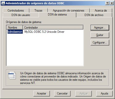 Driver ODBC, Origen de datos con conexión a servidor de base de datos MySQL