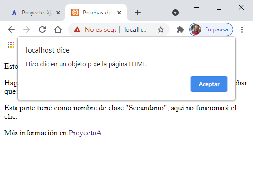 Uso de querySelectorAll para mostrar alerta si se hace clic en cualquier objeto p del HTML