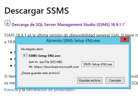 Instalar SQL Server Management Studio, crear base de datos y tabla