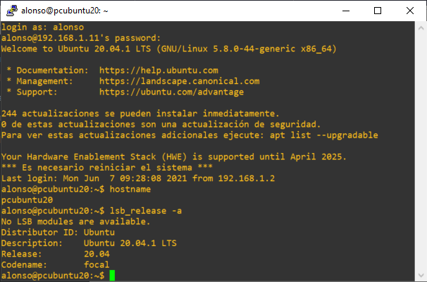 Acceso con el cliente SSH PuTTY a Linux Ubuntu 20.40 desde equipo Windows