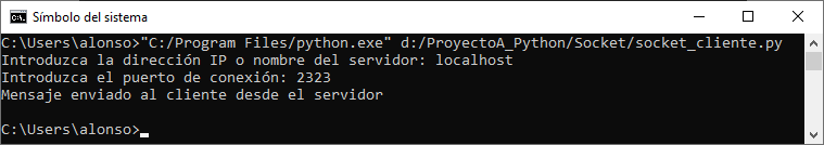 Ejecutar cliente y conectar con servidor por socket para recibir mensaje de texto con Python 