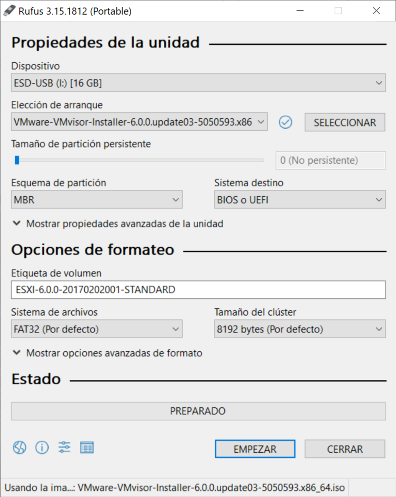 Descarga de ISO con VMware ESXi 6.0, generar USB arrancable