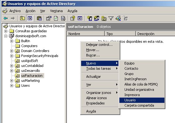 Alta de usuarios en el dominio, servidor con Active directory