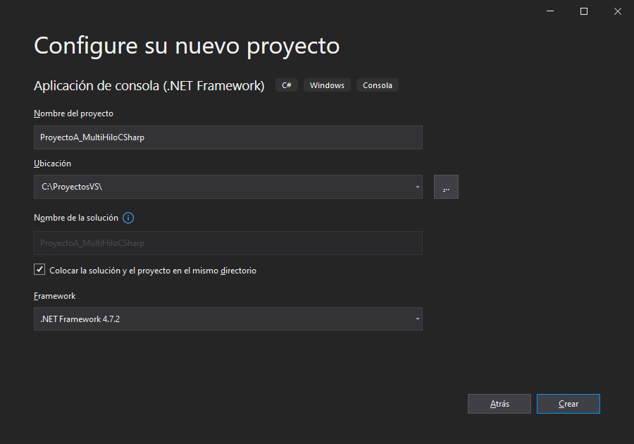 Crear el proyecto C# de aplicación de consola en Visual Studio .Net Community 2019