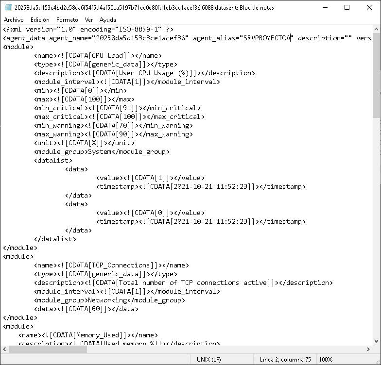 Consultar y revisar fichero XML que se envía al servidor de Pandora FMS desde un equipo con el agente