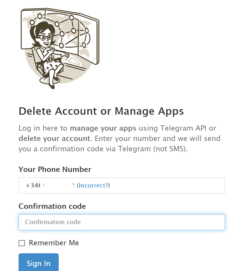 Alta de App en Telegram con nuestro usuario para obtener api_id y api_hash