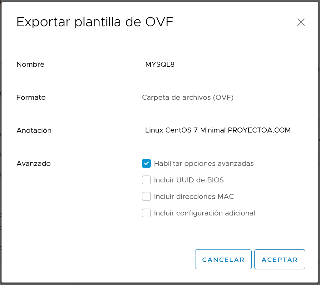 Método de exportación de máquina virtual a OVF desde el cliente web HTML5