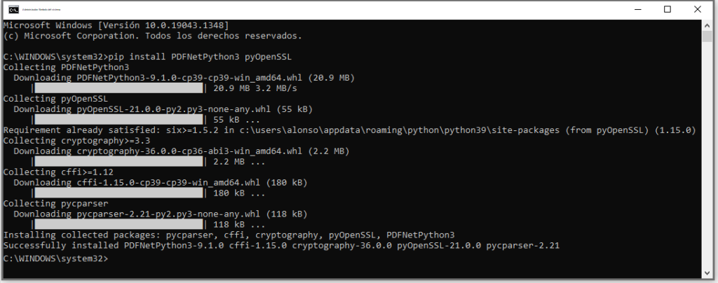 Instalar paquetes Python necesarios PDFNetPython3 y pyOpenSSL