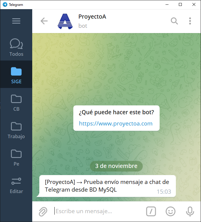 Funcionamiento de la aplicación de envío de mensajes a chat de Telegram