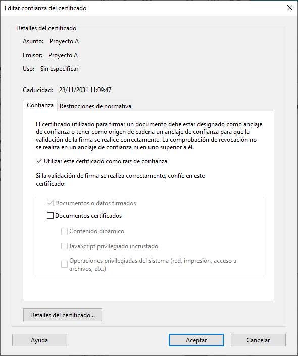 Agregar certificado generado a identidades de confianza en Adobe Acrobat Reader