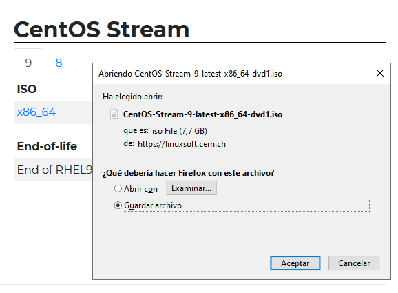 Descarga del fichero ISO de instalación de Linux CentOS Stream 9