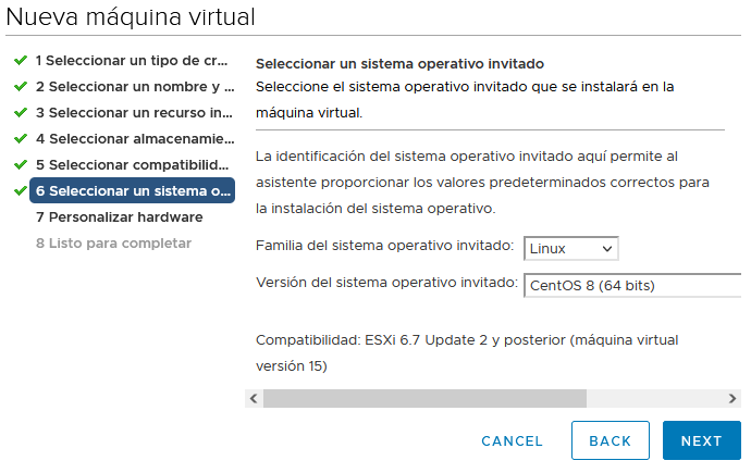 Crear máquina virtual en VMware ESXi 6.7 para Linux CentOS Stream 9