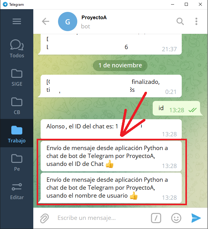 Aplicación Python que envía un mensaje a un chat de Telegram