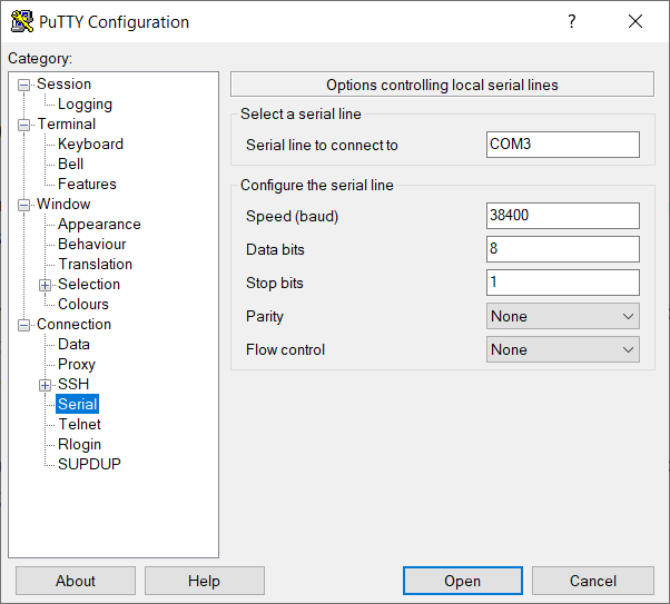 Abrir consola de comandos con PuTTY mediante puerto serie al firewall o dispositivo