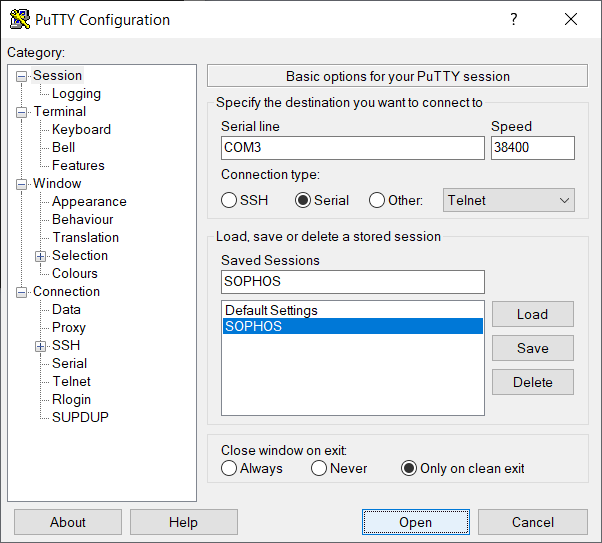 Abrir consola de comandos con PuTTY mediante puerto serie al firewall o dispositivo