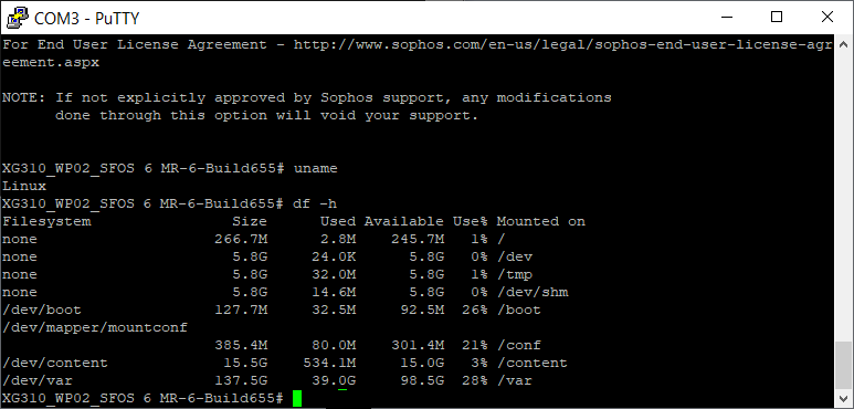 Menú de acceso COM (también SSH) para Sophos XG