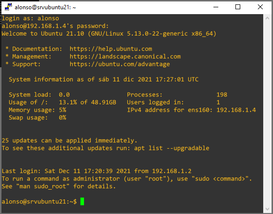 Acceso por SSH al servidor Ubuntu Server 21.10