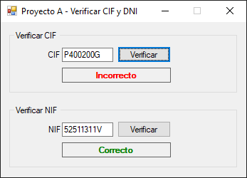 Aplicación que verifica CIF/NIF en funcionamiento