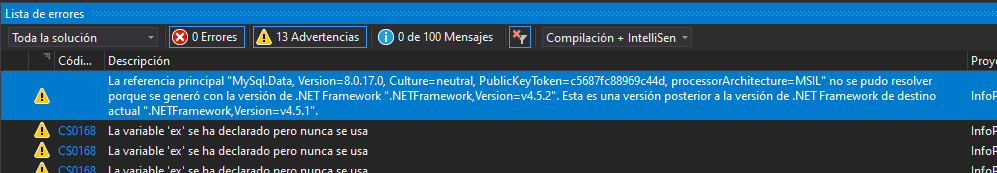 Error si alguna de las librerías/namespaces/clases/métodos del proyecto requiere una versión superior de .NET Framework