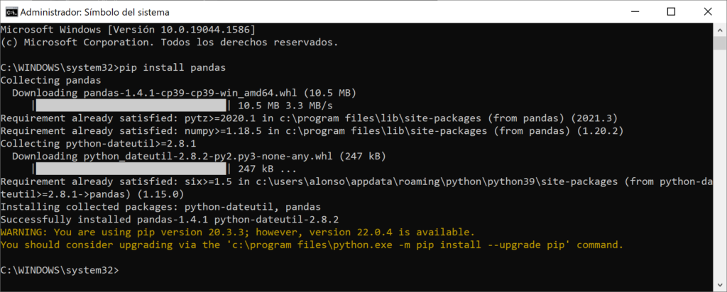 Instalar librería pandas,  lxml y html5lib en Python con pip
