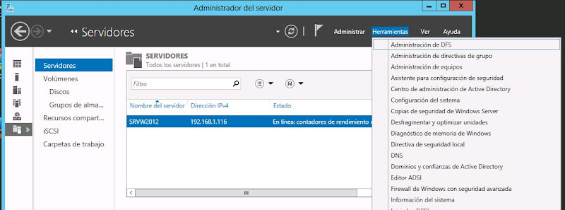 Crear espacio de nombres en DFS de Windows Server 2012 R2