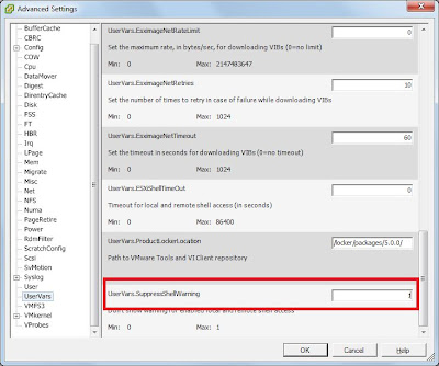 Deshabilitar mensaje "SSH for the host has been enabled" en consola de VMware vSphere Client