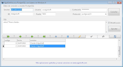 AjpdSoft Acceso PostgreSQL con Lazarus en Windows 8 en funcionamiento