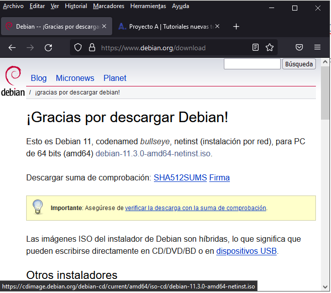 Descarga del ISO con el instalador de Linux Debian 11 bullseye