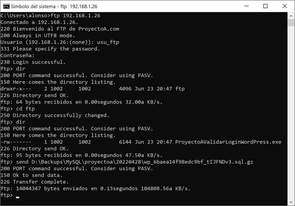 Enviar ficheros de Windows a Linux en FTP plano (sin cifrar)
