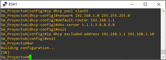 Activar servicio DHCP en las VLAN con direccionamiento diferente por cada VLAN