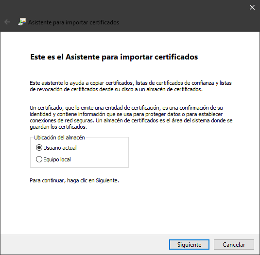 Error que se produce al intentar instalar un certificado en Windows 10 y Windows 11
