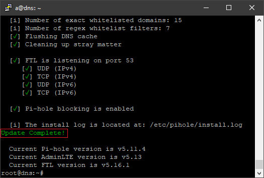 Salida del comando pihole -up en Linux Debian y servidor DNS Pi-hole