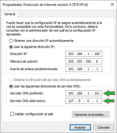 Configuración de red para el controlador de dominio principal y para el secundario