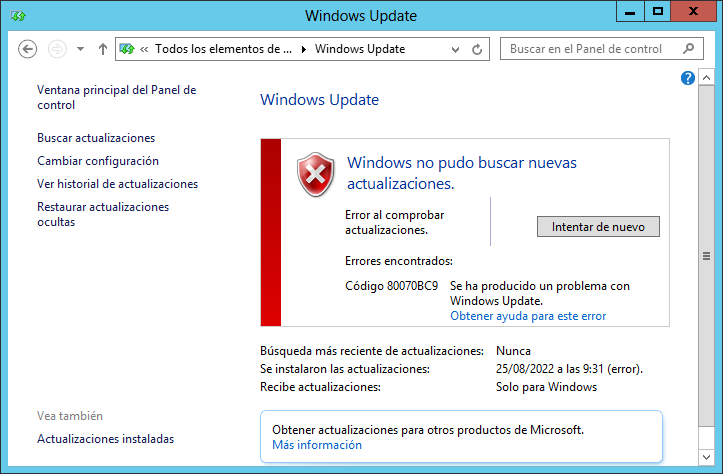 Error Windows Update no pudo buscar nuevas actualizaciones Código 80070BC9