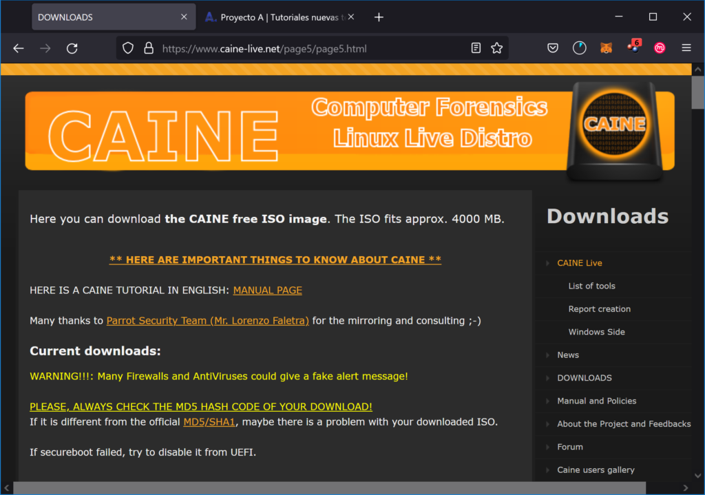 Descargar distribución Linux Caine (LiveCD) para análisis forense