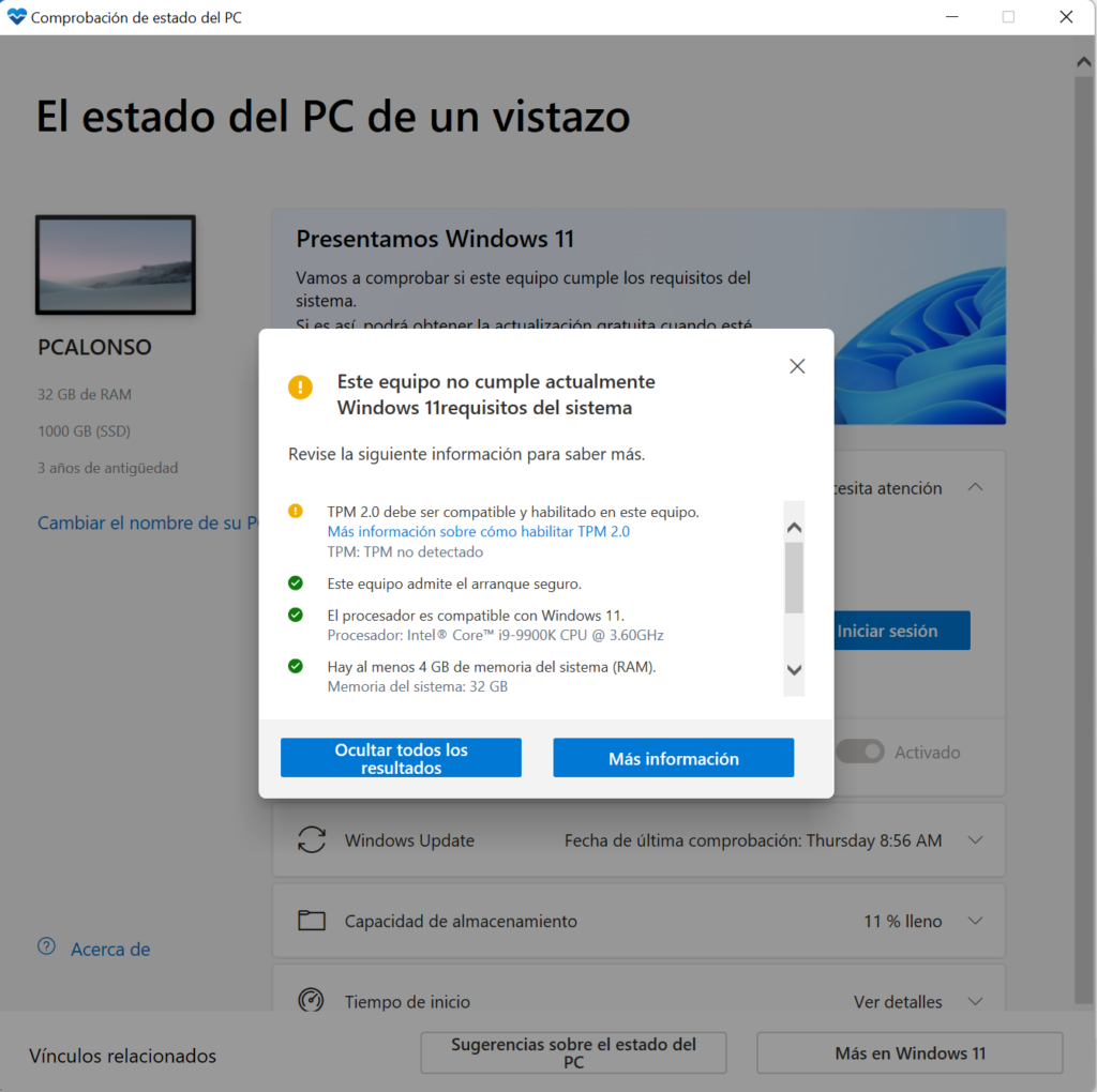 Requisitos mínimos para instalar Windows 11 en un equipo